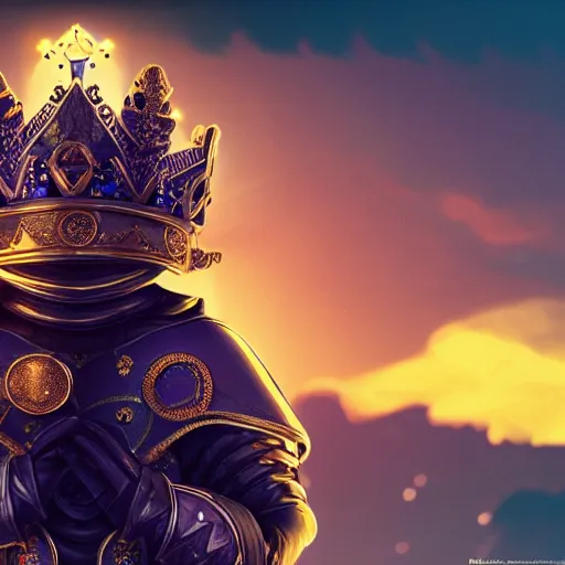 Image similar to a highly detailed knight with glowing purple eyes in a T golden helmet and a golden crown with a blue diamond in the center, golden armor, leather clothes under the armor, leather gloves, holds a black sword, artstation, DeviantArt, professional, octane render, sunset lighting