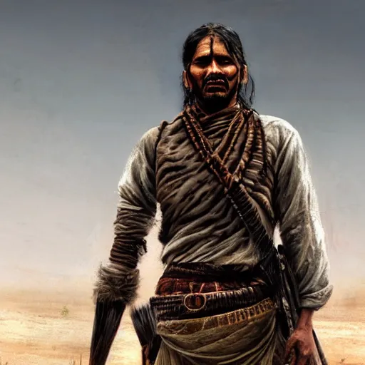 Image similar to portrait of an indian warrior, black paint on face, drawn by ruan jia, fantasy art, red dead redemption, django, town background, weird west, deadlands, dramatic lighting, digital art, 8 k, extremely detailed