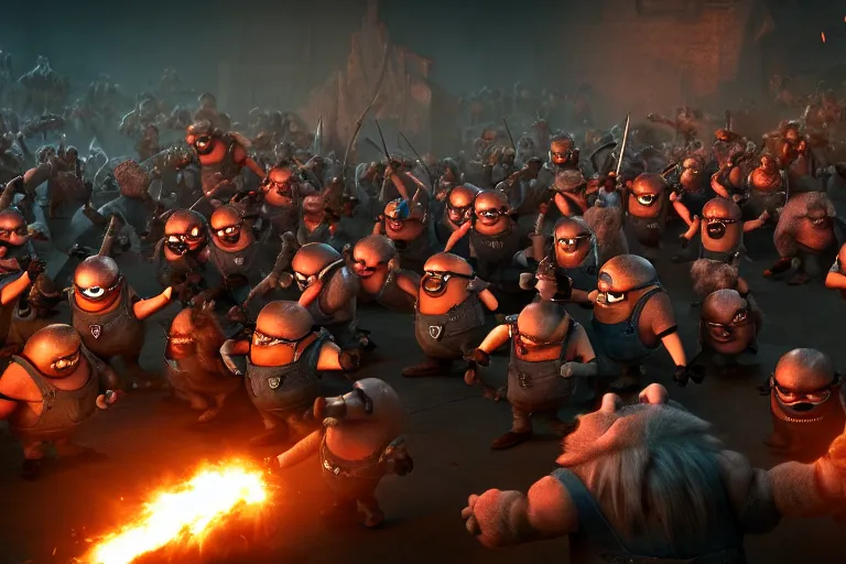 Image similar to a group of minions fighting a group of orcs, setting is bliss wallpaper, realistic, 4 k, detailed, atmospheric, cinematic lighting, octane render, unreal engine render, ray tracing lighting