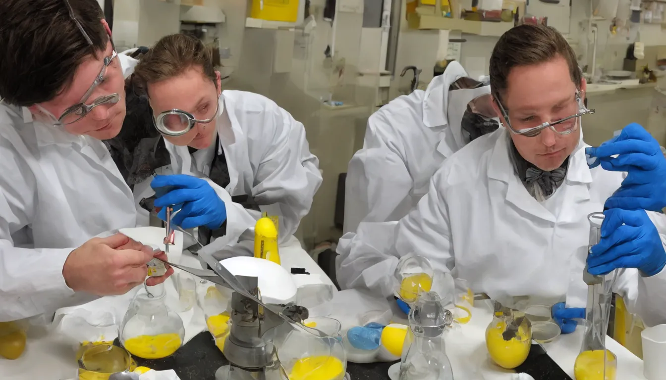 Prompt: Scientist measuring eggs with a caliper.