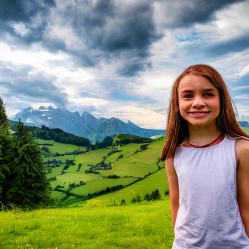 Image similar to a beautiful photograph of a girl with switzerland landscape in the background with trees, hdr, 8 k, high quality, sharp focus, artstation, highly detailed, award - winning, dramatic lighting, beautiful clouds, and nature