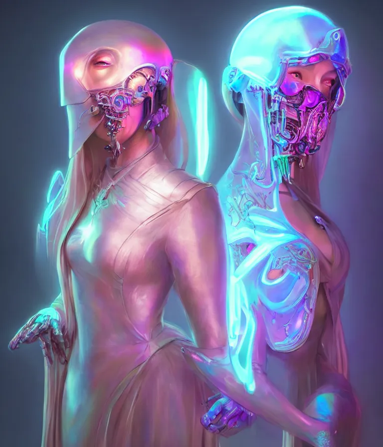 Image similar to iridescent portrait of a beautiful princess of death in robe. hard surface modelling. cyberpunk look. biomechanical mask. bio luminescent biomechanical halo around head. neon jellyfish. artwork by jarold Sng by artgerm, by Eddie Mendoza, by Peter mohrbacher by tooth wu, unreal engine, octane render, cinematic light, high details, iridescent colors, dichroic, macro, 4l