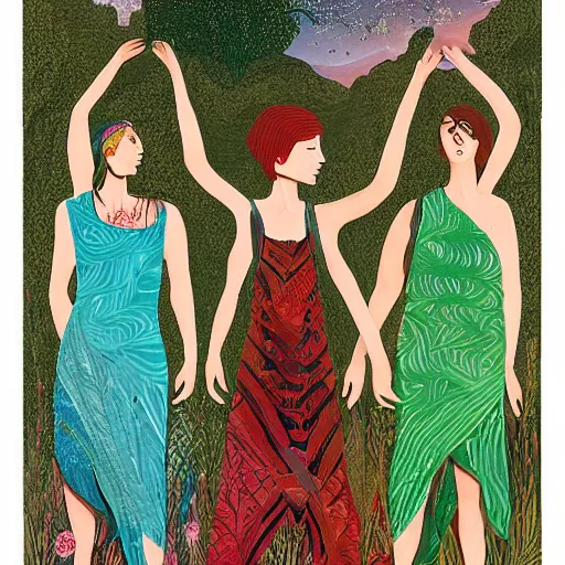Prompt: The land art is a beautiful work of art. The three graces are depicted as beautiful young women, each with their own unique charms. The land art is full of color and life, and the women seem to radiate happiness and joy. Mesozoic, Ancient Roman by Noelle Stevenson jaunty