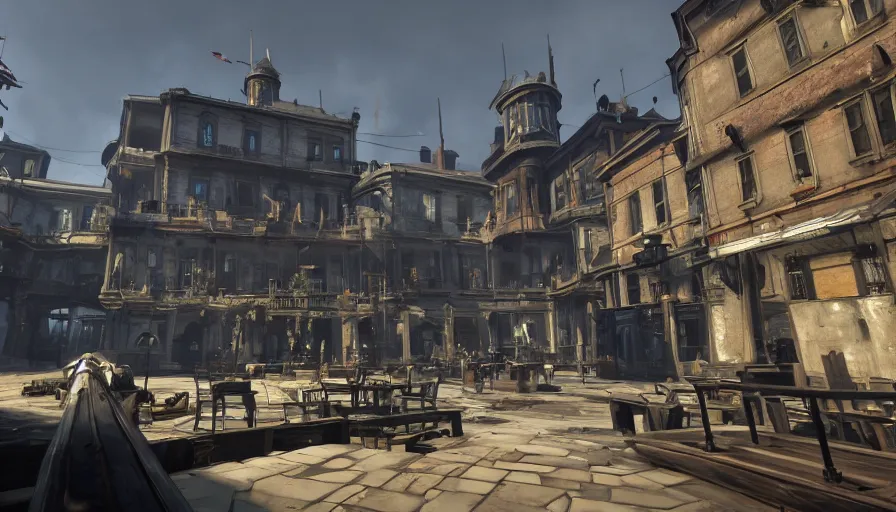 Image similar to first person view of a town square in the game dishonored, fantasy