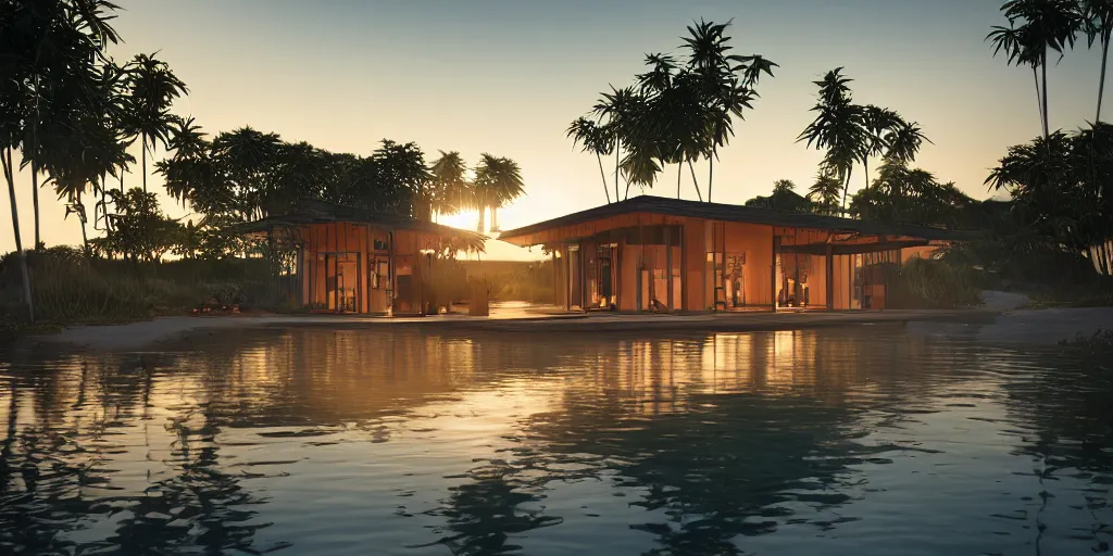 Image similar to a modern bamboo house, tropical modernism, a view of the beach, sunset, photorealism, beautiful, cinematic dramatic atmosphere, volumetric cinematic perfect light, detailed octane render trending on artstation, 8 k, by chris hytha and jag studio