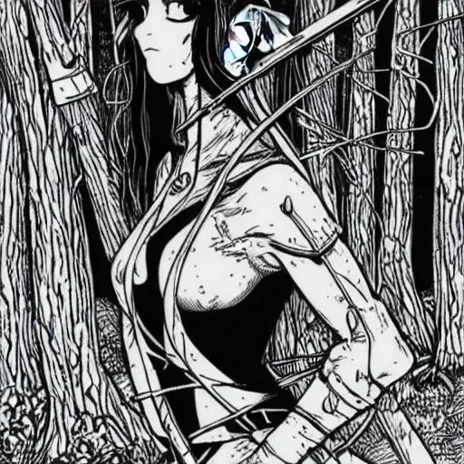 Prompt: female elven archer in forest, symmetric, detaoled portrait, half-tones, manga line art style, by Eiichiro Oda