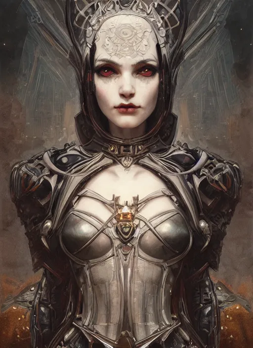 Image similar to portrait of beautiful pale gothic maiden, warhammer 40000, cyberpunk, intricate, elegant, highly detailed, digital painting, artstation, concept art, smooth, sharp focus, illustration, art by artgerm and greg rutkowski and alphonse mucha and Gustav Klimt