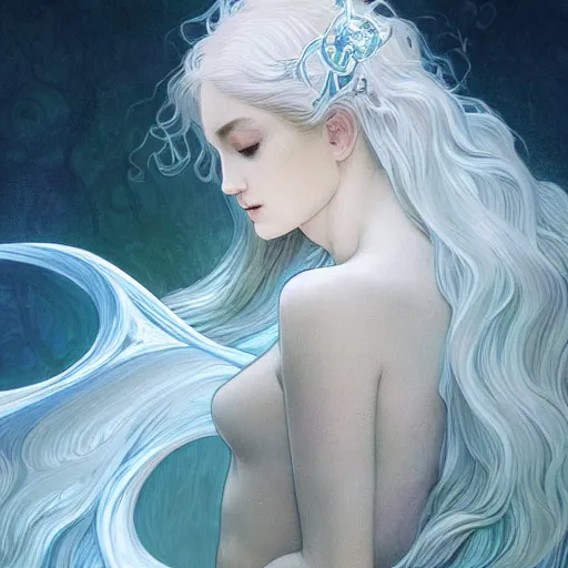 Image similar to a photograpic portrait of a anthropomorphic bioluminescent water wave wearing white clothes, fantasy, intricate, elegant, highly detailed, digital painting, artstation, concept art, smooth, sharp focus, illustration, art by artgerm and h r giger and alphonse mucha