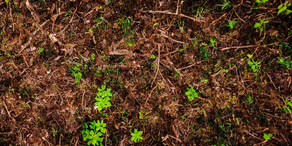 Prompt: a macro photo of the ground level of a forest