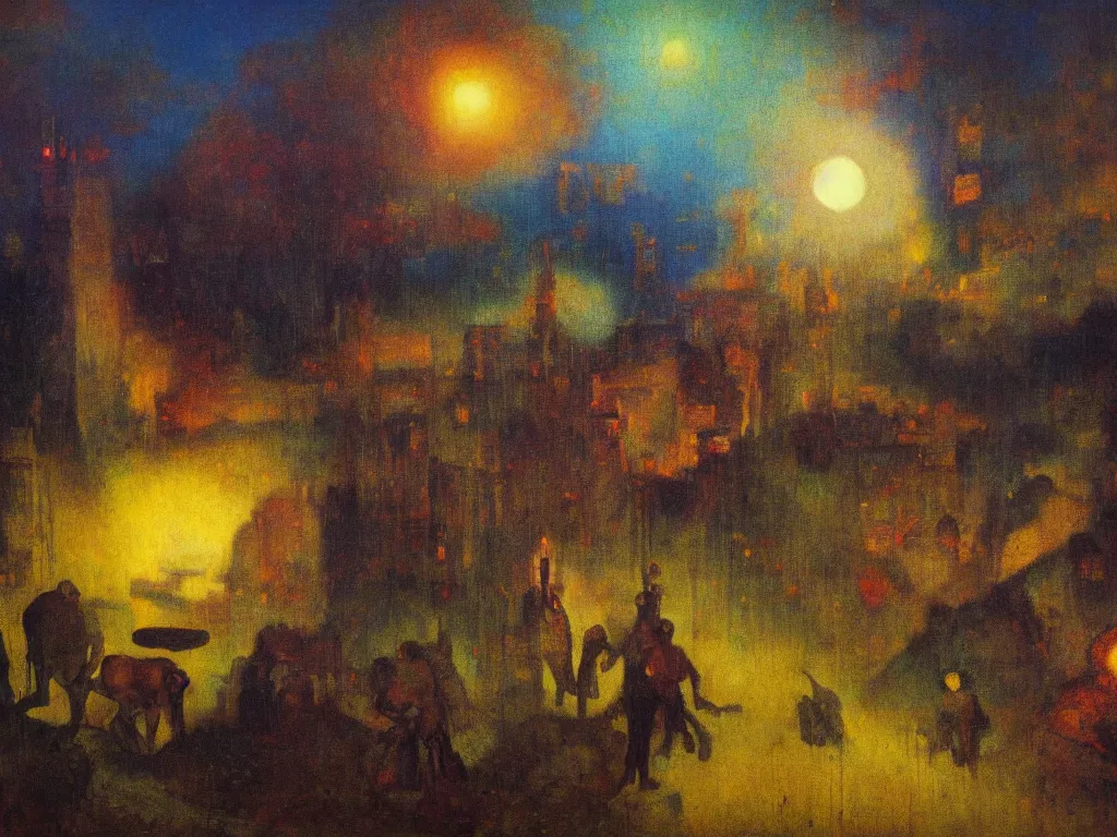 Prompt: bright dramatic lighting colorful surrealist symbolist oil painting titled'now they'll be working in the hot mill steam now they'll be working in the concrete ', magical realism symbolist, ruined city landscape with hybrid animal protagonist, painted by arnold bocklin and odilon redon and max ernst, shocking detail trending on artstation 8 k