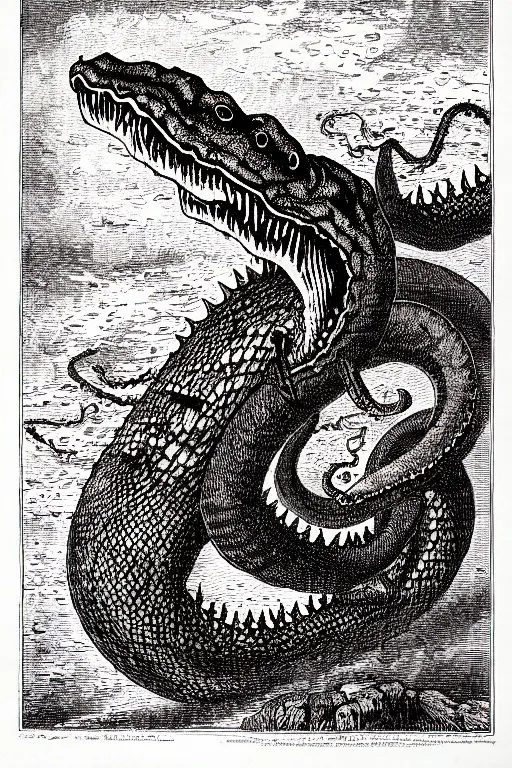 Image similar to ogopogo monster, as a demon from the dictionarre infernal, pen - and - ink illustration, etching by louis le breton, 1 8 6 9, 1 2 0 0 dpi scan, ultrasharp detail, hq scan, intricate details, stylized border