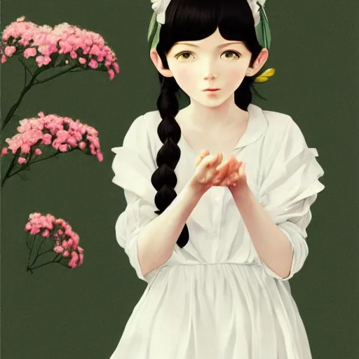 Prompt: little girl with flowers on her long black hair, dressed in a simple white dress, anime art style, digital artwork made by ilya kuvshinov, inspired in balthus