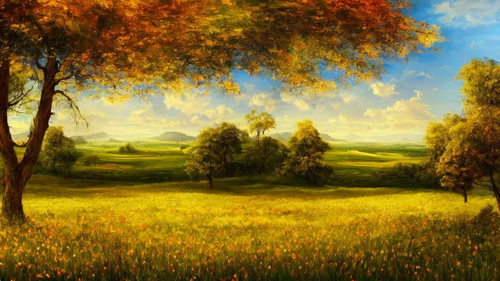 Image similar to the most beautiful panoramic landscape, oil painting, meadow with trees starting to bloom, leaves falling, cinematic lighting, highly detailed, very realistic