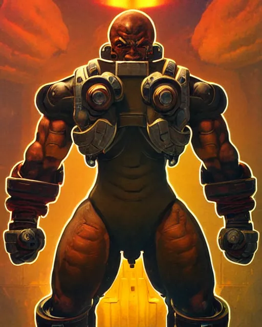 Image similar to doomfist from overwatch, character portrait, portrait, close up, concept art, intricate details, highly detailed, vintage sci - fi poster, retro future, vintage sci - fi art, in the style of chris foss, rodger dean, moebius, michael whelan, and gustave dore