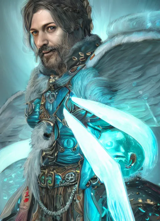 Image similar to An epic fantastic realism comic book style portrait painting of aasimar hexblade warlock, teal electricity, male, grand angel wings, silver hair, short beard, 4k, 8k, Apex Legends Concept Art, D&D Concept Art, unreal 5, DAZ, hyperrealistic, octane render, cosplay, RPG portrait, dynamic lighting