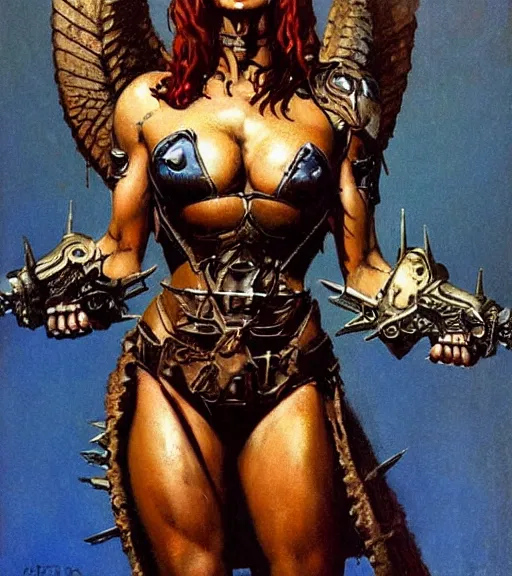 Image similar to portrait of strong female chaos angel, beautiful! coherent! by frank frazetta, by brom, strong line, deep color, spiked metal armor, maximalist