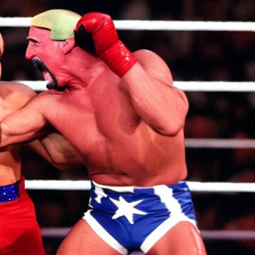 Prompt: Hulk Hogan fighting against Donald Trump at Wrestlemania 1999, photography