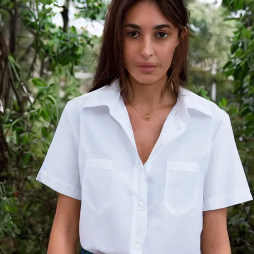 Prompt: an female wearing a white blouse with short sleeves