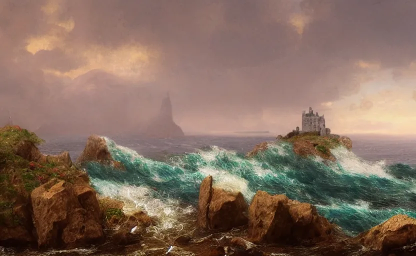 Prompt: view of the ocean, large waves, small castle in the distance, close up shot, rocky, at dusk, distant extereme mountains, 4k, rule of thirds, extreme detail, hazy, intricate ink illustration, surreal, surrealist, trending on artstation, cgsociety, hd, complimentary colours, realistic lighting, by Albert Bierstadt, Frederic Edwin Church.