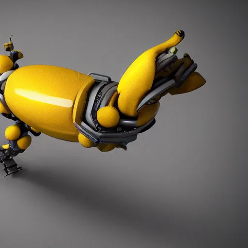 Image similar to a banana piloting a mech, hyper realistic, extremely detailed, 3 d render, coherent, unreal engine 6,