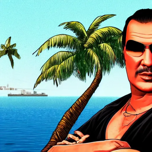 Image similar to Steven Seagal in GTA V . Los Santos in background, palm trees. in the art style of Stephen Bliss