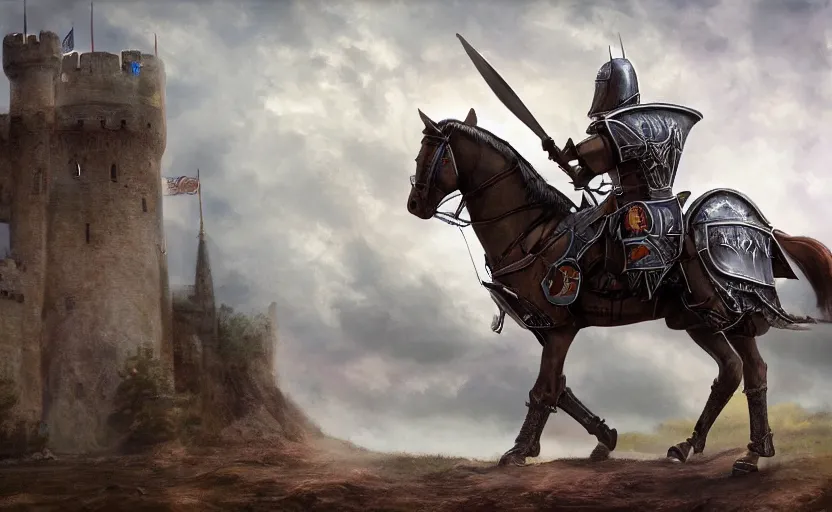 Prompt: knight crusader mounted in a horser, standing in frontal of a castle, castle realistic, armor of lightnings and helmet effect electricity hyperrealism, big forest world fantasy hyperrealism, sky lightnings artstation realistic, hyperrealism