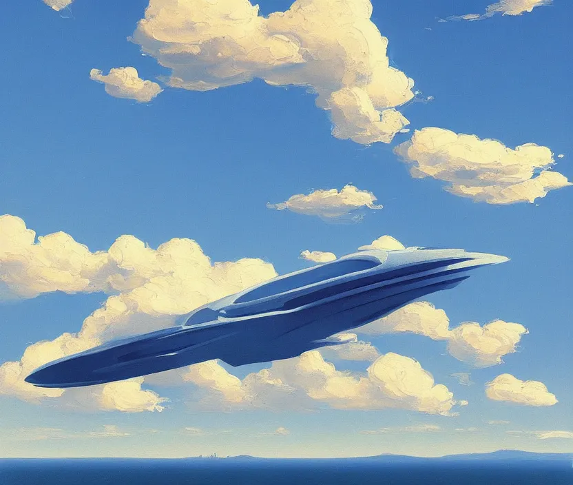Image similar to a very detailed painting of a spaceship in the sky, spaceship in the style of shaun williams on artstation, baby blue sky with very aesthetic clouds, in the style of edward hopper and huggo pondz, very fine brushstrokes, 4 k,