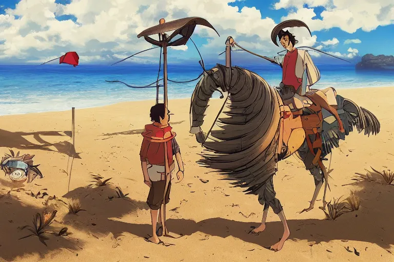 Prompt: don quijote in the beach. 4 k digital paint by studio ghibli hayao miyazaki. very sharp and detailed. trending on artstation and behance.