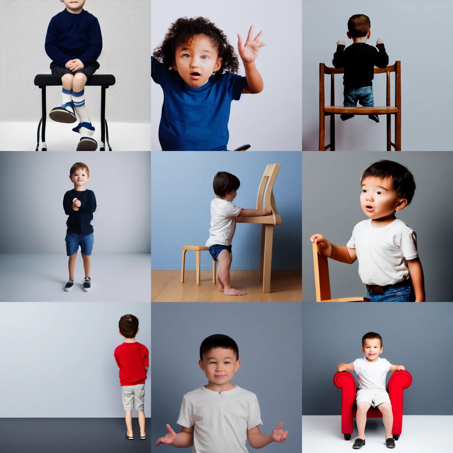 Prompt: A kid standing on the chair, white background