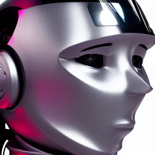 Image similar to photo of robot with 2 0 yo girl inside, leds visor helmet, profile pose, bust shot, high detail, studio, black background, smoke, sharp, cyberpunk, 8 5 mm sigma art lens