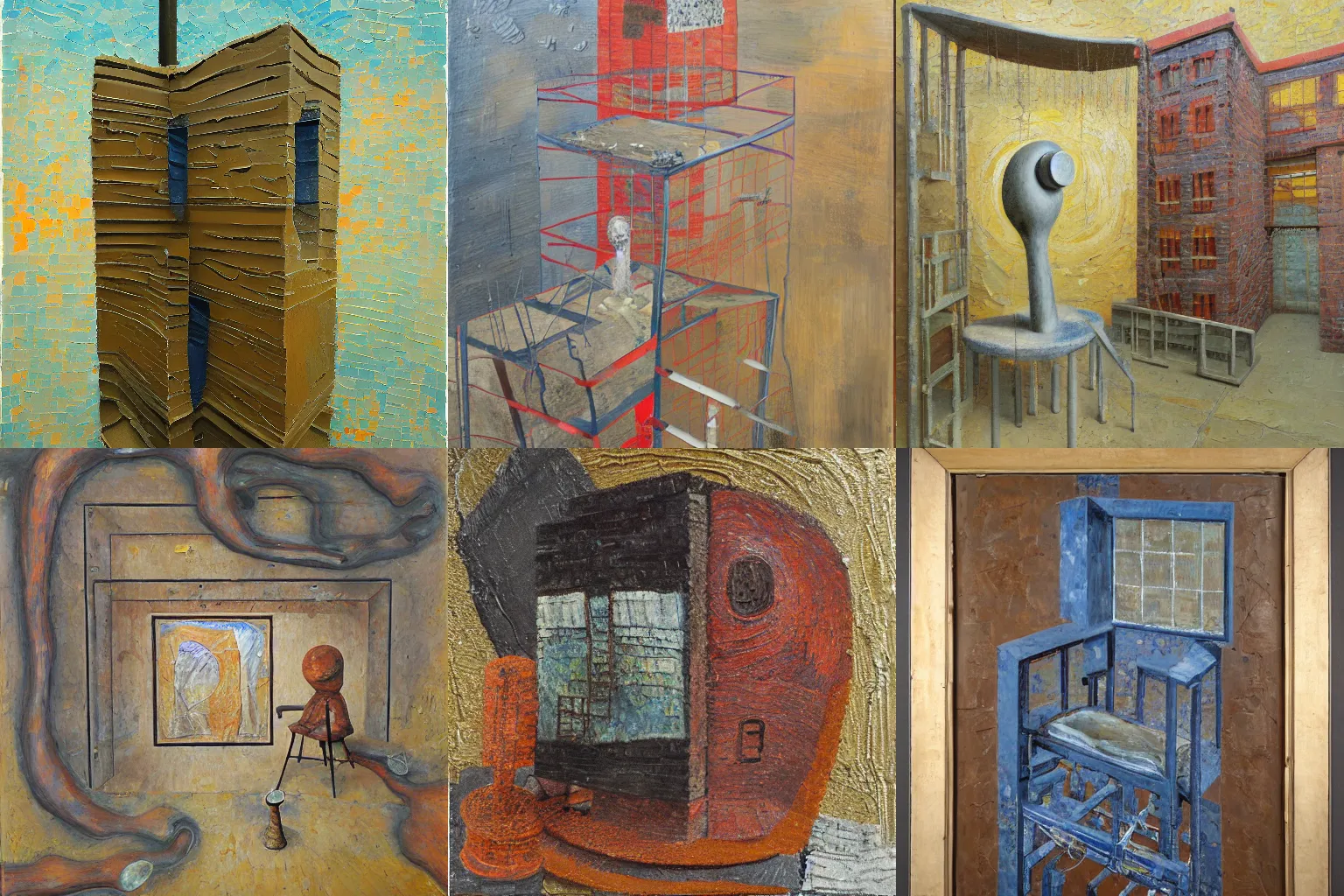Prompt: a detailed, impasto painting by shaun tan and louise bourgeois of an abstract forgotten sculpture by ivan seal and the caretaker, hospital structure