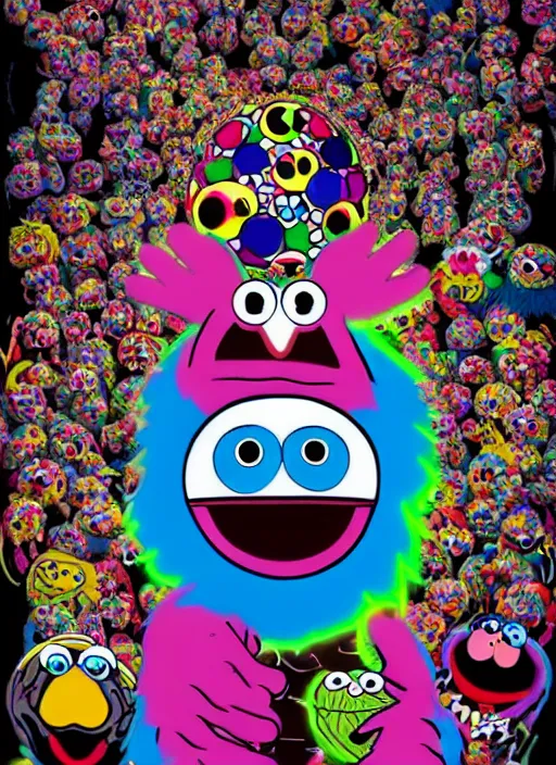 Image similar to 8k hyper realistic detailed image swirl of unholy Cookie Monster rites in a coven of Muppets, Black Frank the goat and neon pentagram in the center, rich deep colors, neon colors, cinematic shot by Alfonso Cuaron, part by Gaspar Noe. Art by Takashi Murakami, part by Jeff Koons. wide angle. masterpiece, ultra detailed