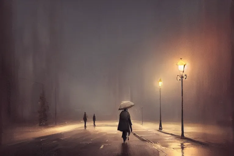 Image similar to lonely road of moscow at night with a single lamp post, walking woman with umbrella, artstation, detailed, by greg rutkowski,