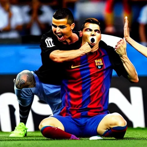 Image similar to Angry Ronaldo choking Messi