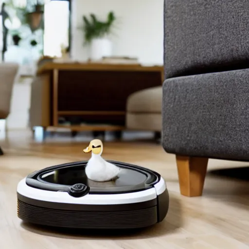 Prompt: a duck sitting on top of a roomba