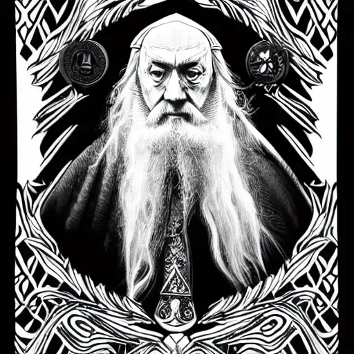 Image similar to Dumbledore coloring book page, black and white