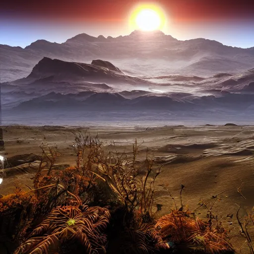 Image similar to photo of life on mars, thriving ecosystem, bright fauna, volumetric light, ponds, mountains, high detail, mountains, geoformations, sunlight