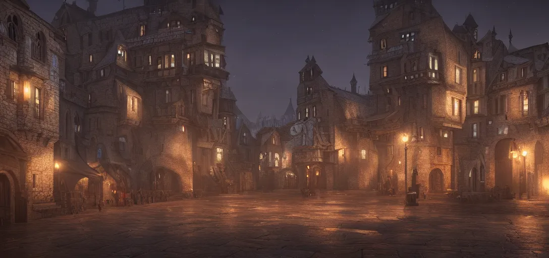 Prompt: dramatic render of exterior of medieval city at night, accurate ray tracing, ambient occlusion, unreal engine, detailed, vibrant, visually striking, trending on artstation, by greg rutowski and jordan grimmer