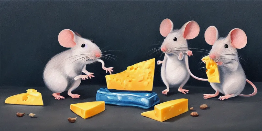 Prompt: beautiful painting of several cartoon mice eating a cartoon block of cheese; oil painting, masterpiece, extremely highly detailed; ultra realistic; trending on artstation