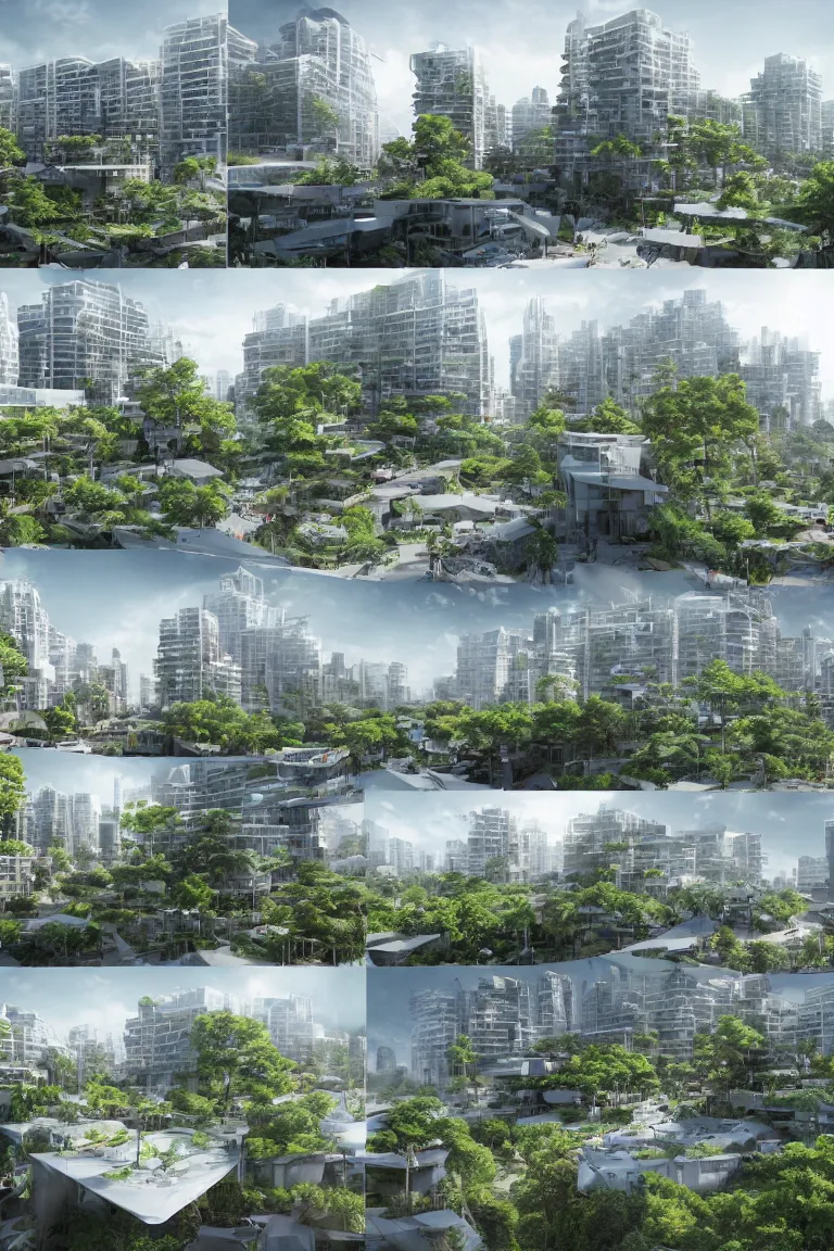 Prompt: 5 - panel comic page layout. crowd talking about sustainable futuristic building in a urban setting. ultrarealistic matte painting on white page. the building has many deep and tall balconies covered in plants and trees. thin random columns, large windows, deep overhangs. plants hang from balconies. greeble articulated details with plants. 8 k, uhd.