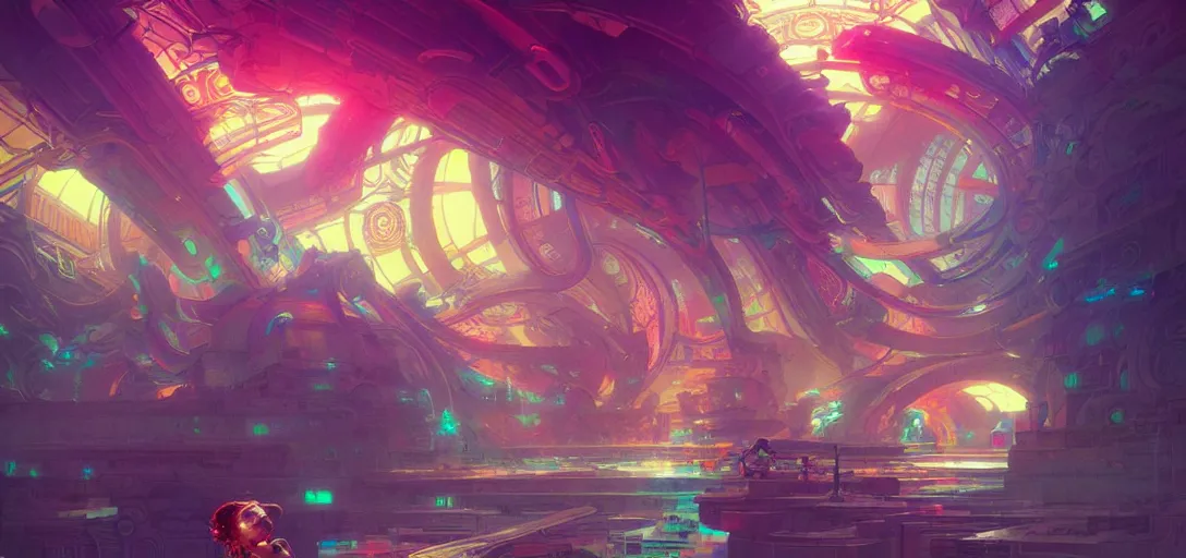 Image similar to a cybernetic temple, vaporwave aesthetic, colorful, psychedelic, digital painting, artstation, concept art, smooth, sharp focus, illustration, art by artgerm and greg rutkowski and alphonse mucha