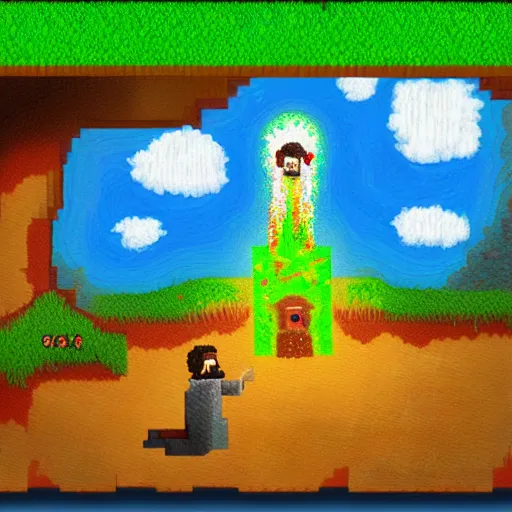 Prompt: A painting of Jesus Christ playing terraria