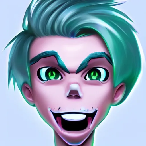 Prompt: cartoon danny phantom white hair glowing green eyes cute smirk fangs pointy teeth detailed photorealistic fanart trending on tumblr 8K award winning, Ross Tran,