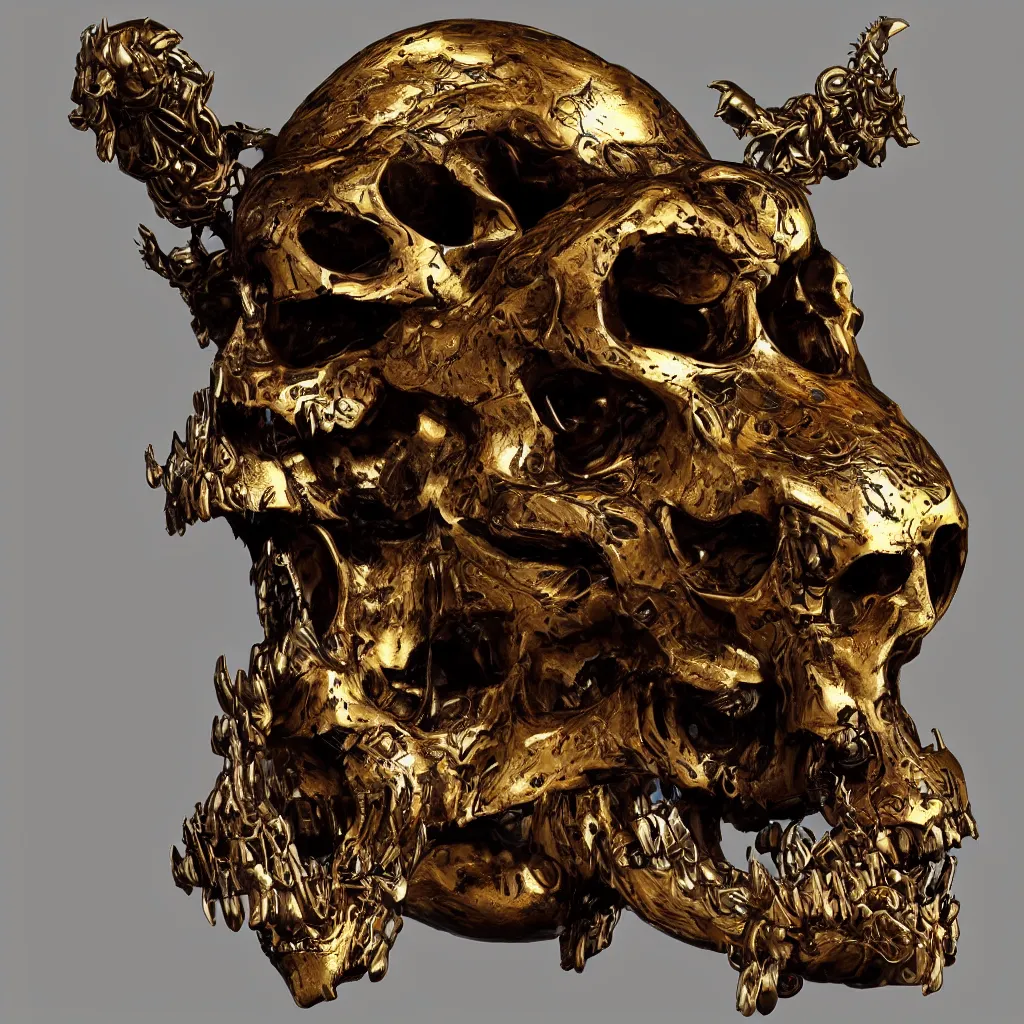 Prompt: a big 3D sculpting mechanical skull, very ornamented, bronze and golden colors, metallic,the jaw showing the teeth , red eyes,contrasting on a dark background, darkart, hyperdetailed, hyperealistic, digital sculpting, octane render,cinema 4D, 8k, Comago and Billelis style,beautiful