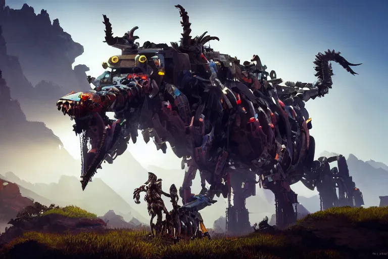 Image similar to grimhorn fanghorn machine mecha animal beast robot of horizon forbidden west horizon zero dawn bioluminiscence global illumination ray tracing hdr fanart arstation by sung choi and eric pfeiffer and gabriel garza and casper konefal