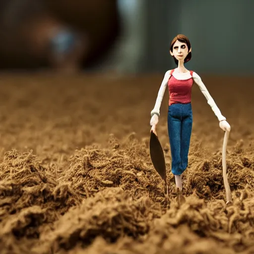 Image similar to a cinematic film still of a claymation stop motion film starring anne hathaway as female farmer with pitchfork, shallow depth of field, 8 0 mm, f 1. 8