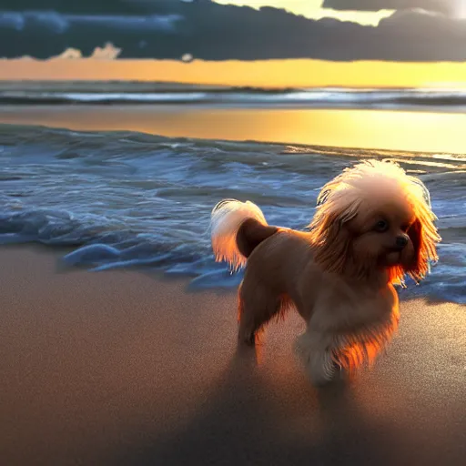 Prompt: a photorealistic closeup image of a cute brown colored long haired chihuahua cocker spaniel dog as well as a smiling white bichon frise puppy playing at the beach. sunset, surf, brightly lit scene. fine detail. nice composition. 4 k hd unreal engine