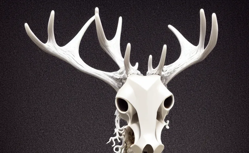 Image similar to stylized shiny polished silver statue full body extra limbs bizarre cosmic horror quadruped animal moose deer skull four legs made of marble of slug creature tendrils, perfect symmetrical body, perfect symmetrical face, hyper realistic, hyper detailed, by johannen voss, by michelangelo, octane render, blender, 8 k, displayed in pure white studio room medical render red veins