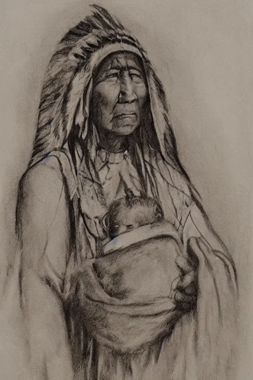 Prompt: “Charcoal sketch of a Native American indian woman, portrait, Nanye-hi Beloved Woman of the Cherokee, wearing a papoose showing pain and sadness on her face, ancient”