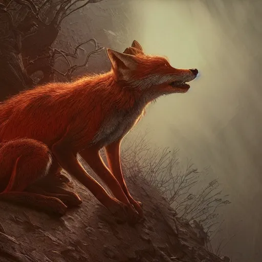 Prompt: photorealistic demonic fox in the style of michael whelan and gustave dore. hyperdetailed photorealism by greg rutkowski. 1 0 8 megapixels, 3 d finalrender, cinematic lighting